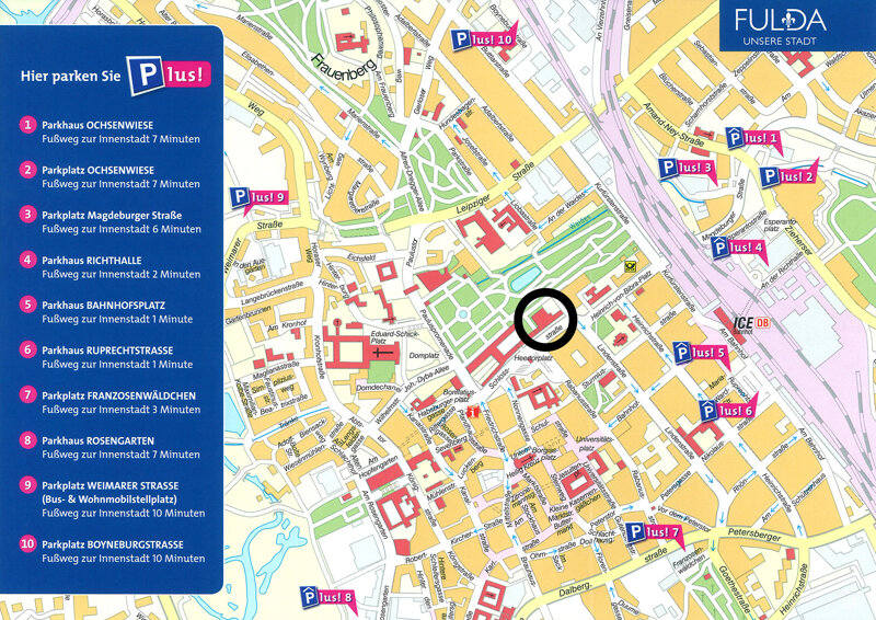 Karte von Fulda, mit den Parkmöglichkeiten der Stadt