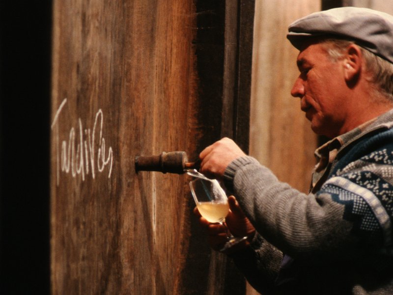 Weinbauer bei der Weinprobe