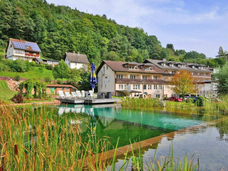 Naturbadeteich mit Hotel Christel im Hintergrund