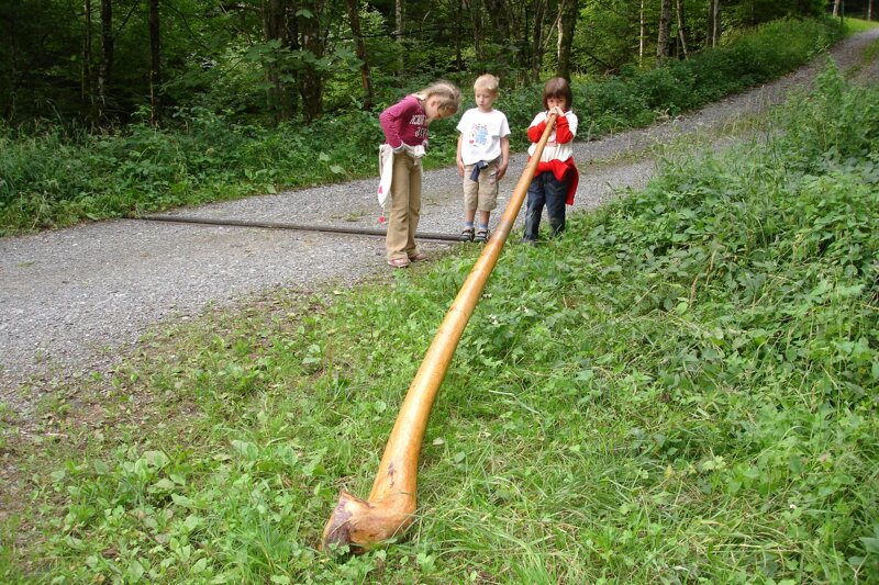 Kinder beim Alphornspielen im Rahmen des Sommerprogramms in Bayern