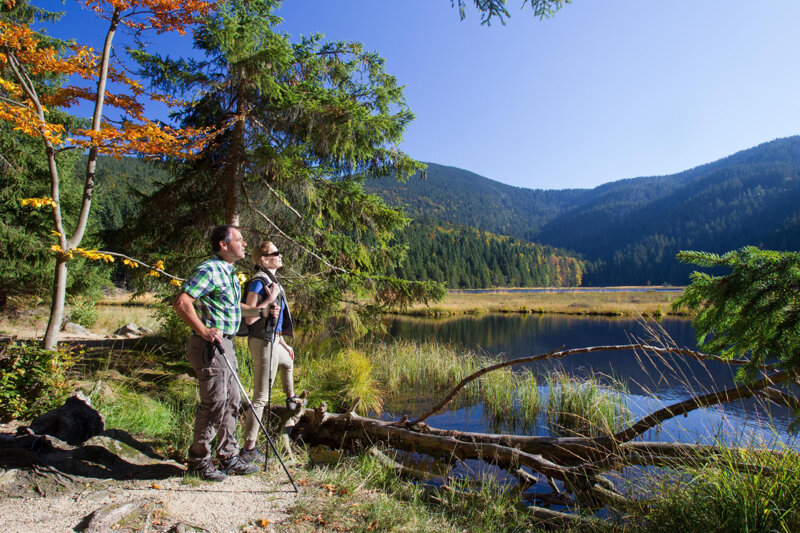 Wanderer am Kleinen Arbersee im Naturpark Oberer Bayerischer Wald