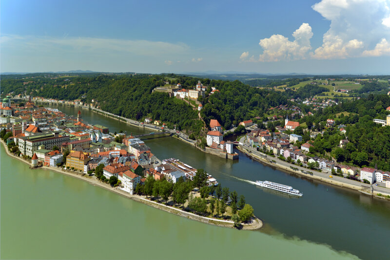 Passau Drei-Flüsse-Eck aus der Luft