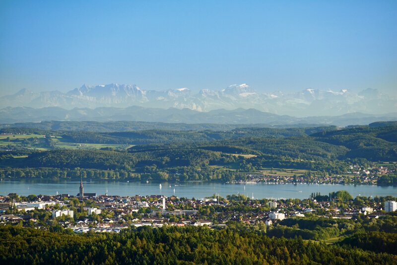 Blick auf die Alpen hinter Radolfszell
