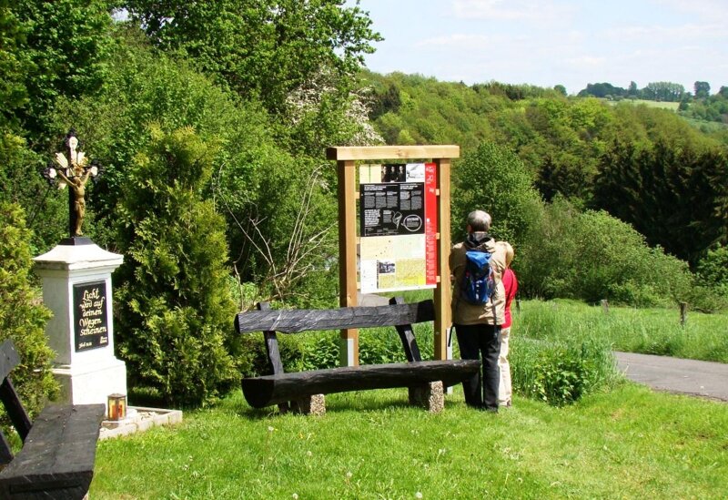 Wanderer  vor Infortafel im Grünen