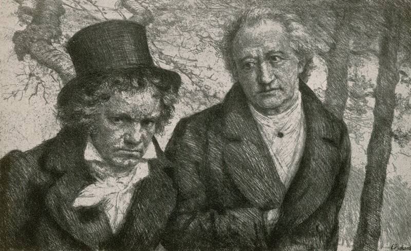 Beethoven und Goethe beim Spaziergang – historische Radierung