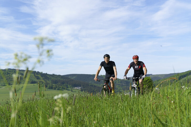 Radfahrer auf einer Wiese