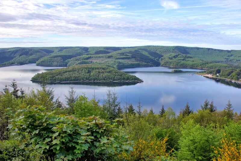 Blick in die Natur auf Wälder und See