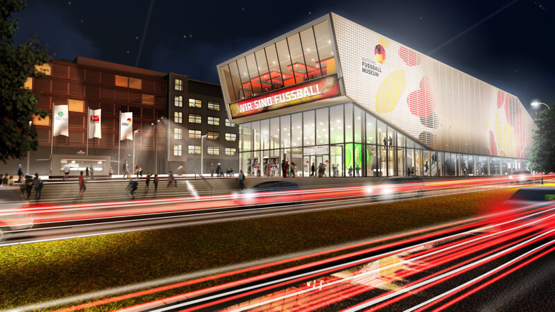 Deutsches Fußballmuseum Dortmund – Außenansicht bei Nacht