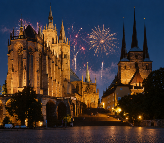 Gotische Kathedrale im Feuerwerkglanz