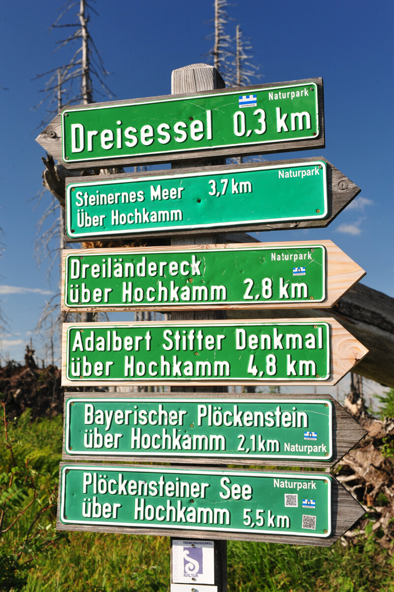 Wanderweg am Dreisesselberg mit Blick auf die Felsformation